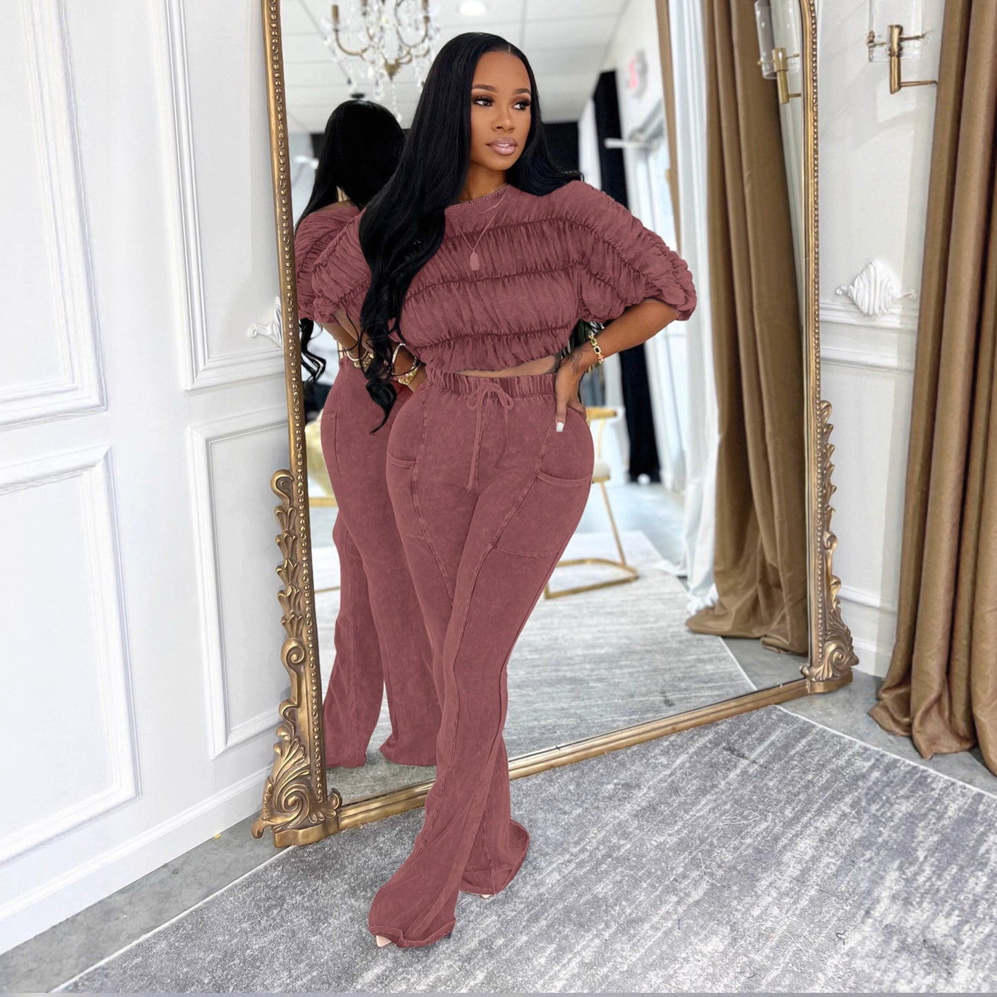 Sexy Two-Piece Set with Crop Top and Slim Fit Flared Long Pants