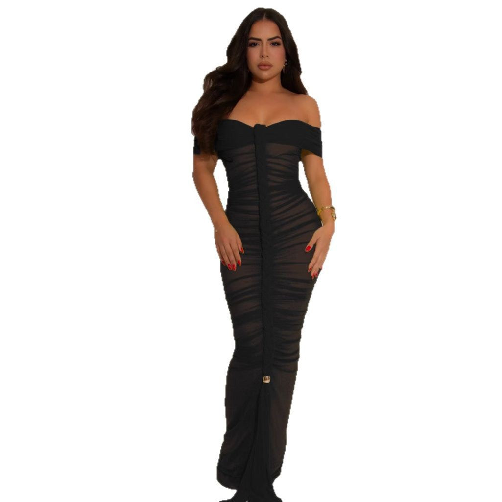 Dress Style Sheer Mesh Sleeveless Ruched Extra Long Dress