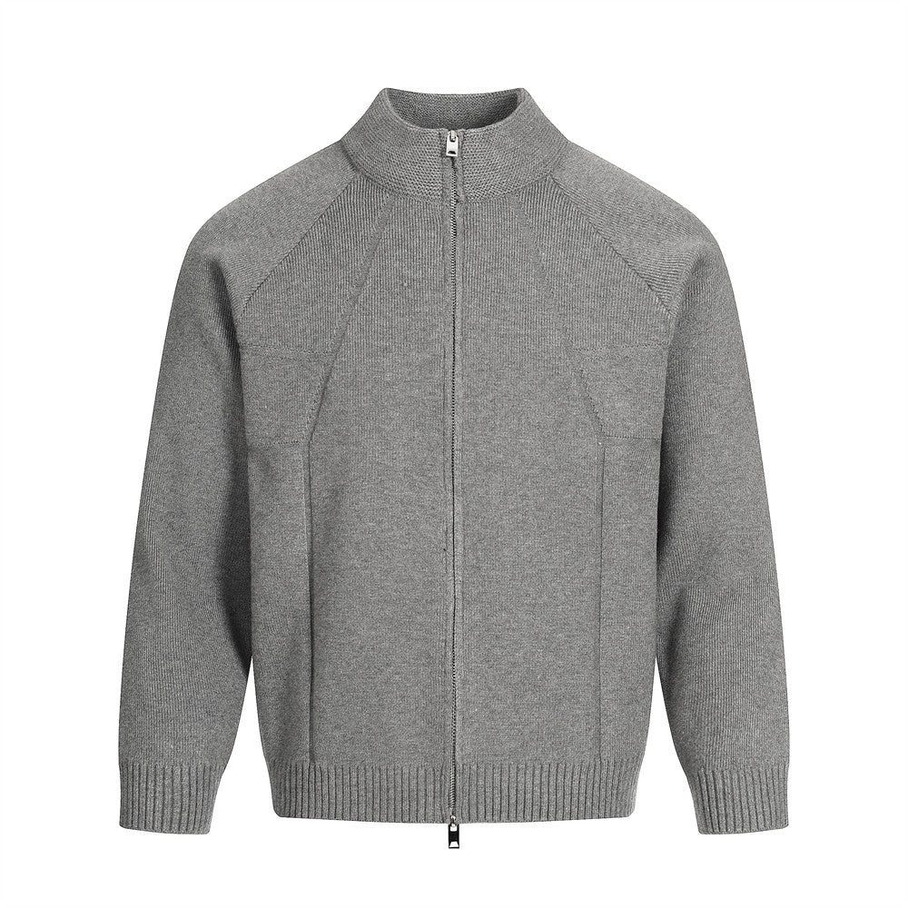 Solid color stand up collar knitted sweater jacket