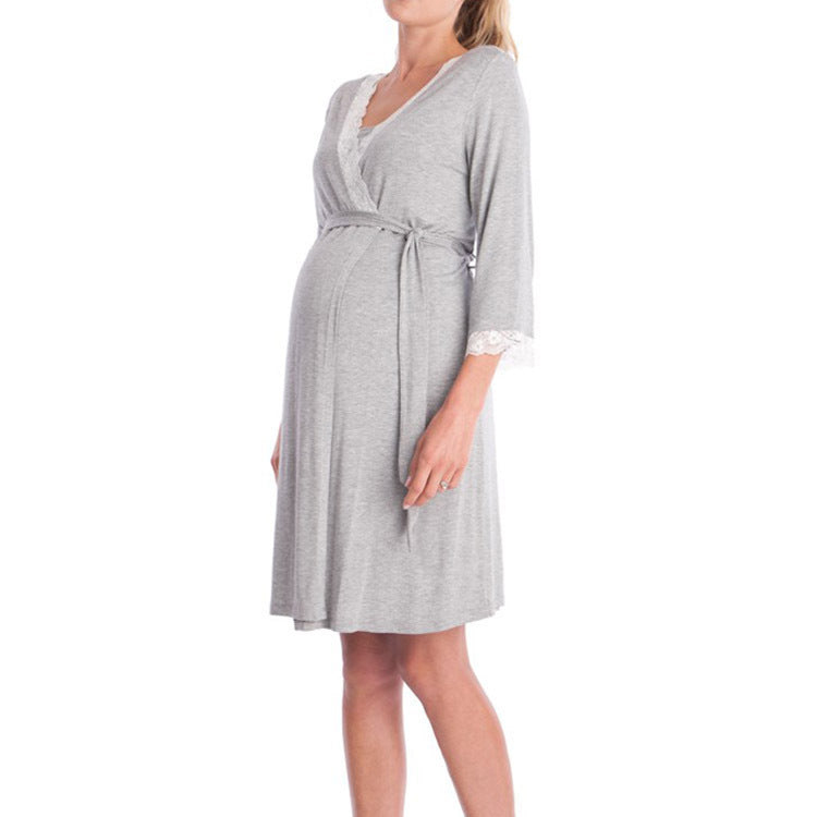 Fashion Ruffled Three-Quarter Sleeve Maternity Dress Robe Nightwear