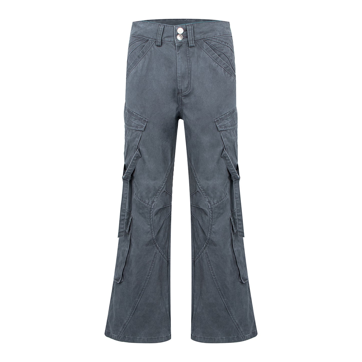 Style High-End Belted Large Pocket Cargo Flared Trousers for Men, Vintage Streetwear Loose Straight Casual Long Pants