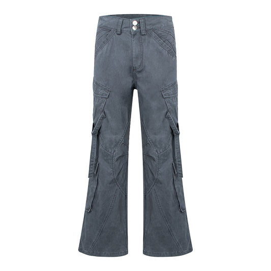 Style High-End Belted Large Pocket Cargo Flared Trousers for Men, Vintage Streetwear Loose Straight Casual Long Pants