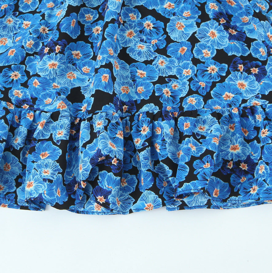 Dress Style New Women's Ink Painting Square Neck Elastic Pleated Layered Bubble Sleeve Dress