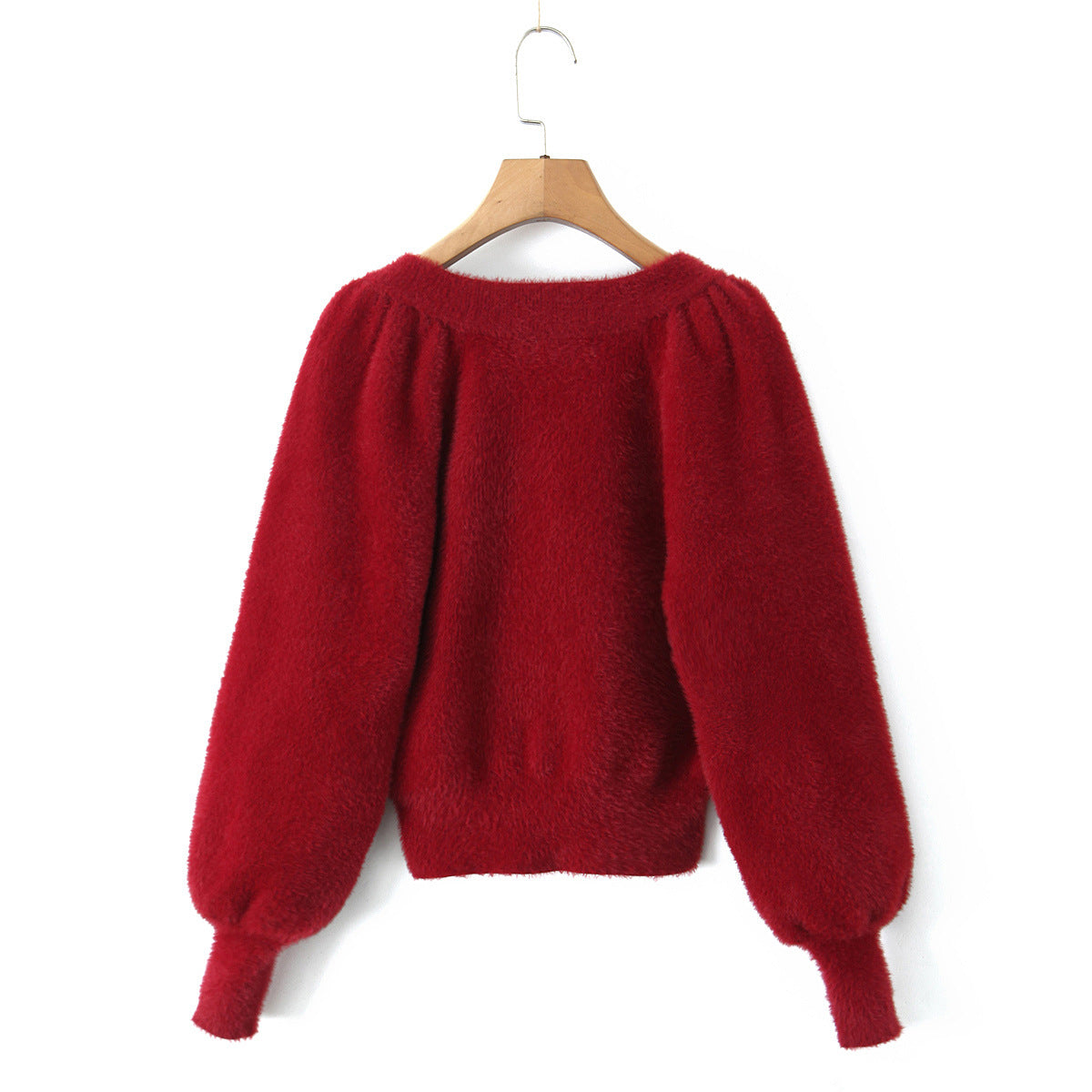 V-neck lantern sleeve cardigan sweater
