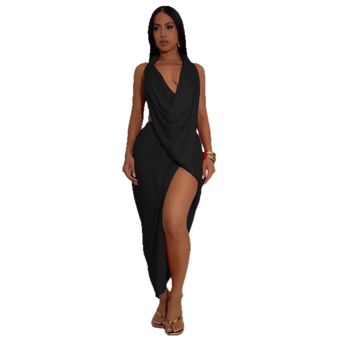 Deep V-Neck Beaded Strapless Sexy High-Slit Solid Color Pleated Dress
