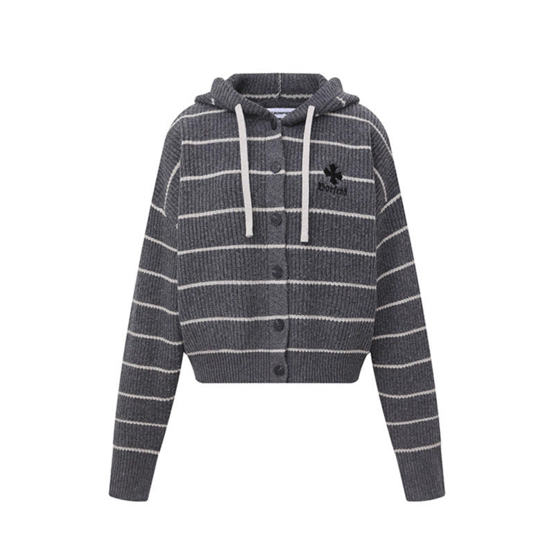 Sweater Women's Hooded Open Front Cardigan with Short Wide Stripes Casual