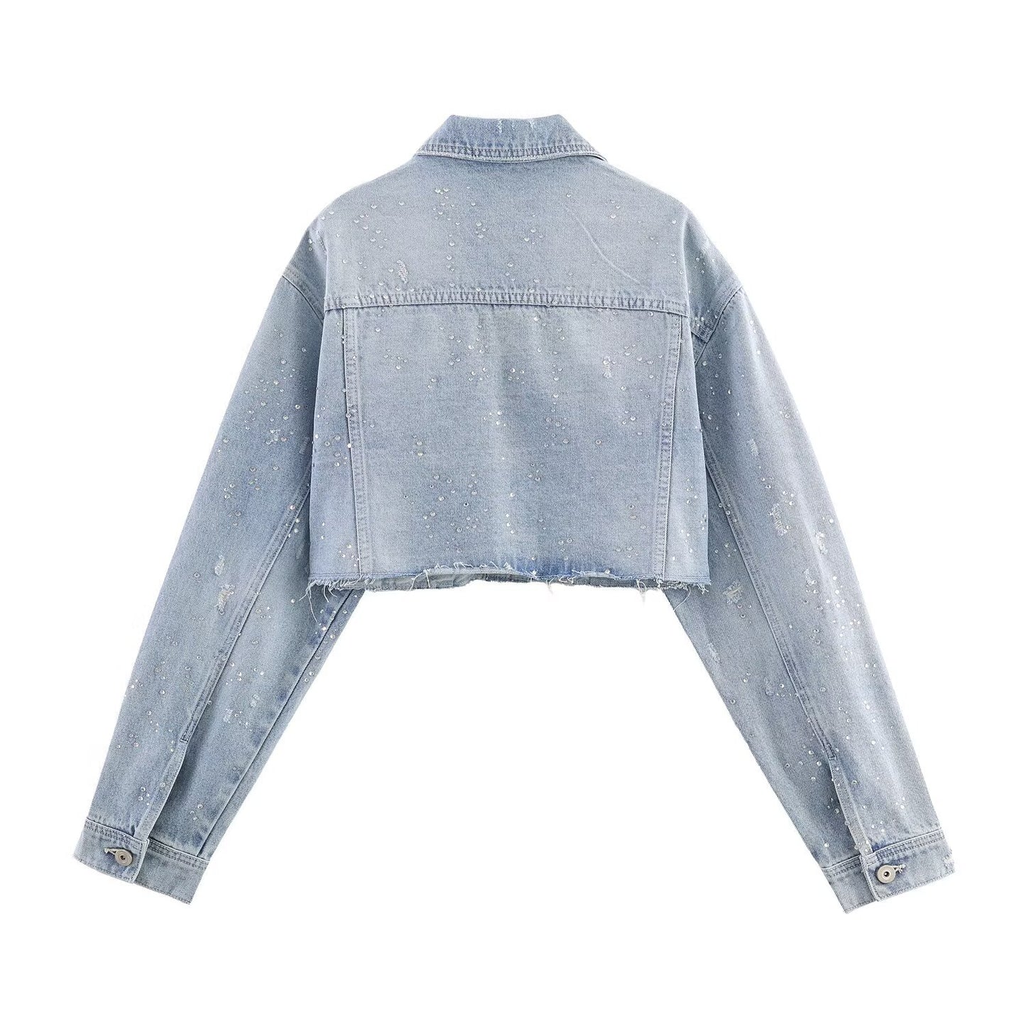 Women’s Cropped Denim jacket Button Notched Collar Cropped Women