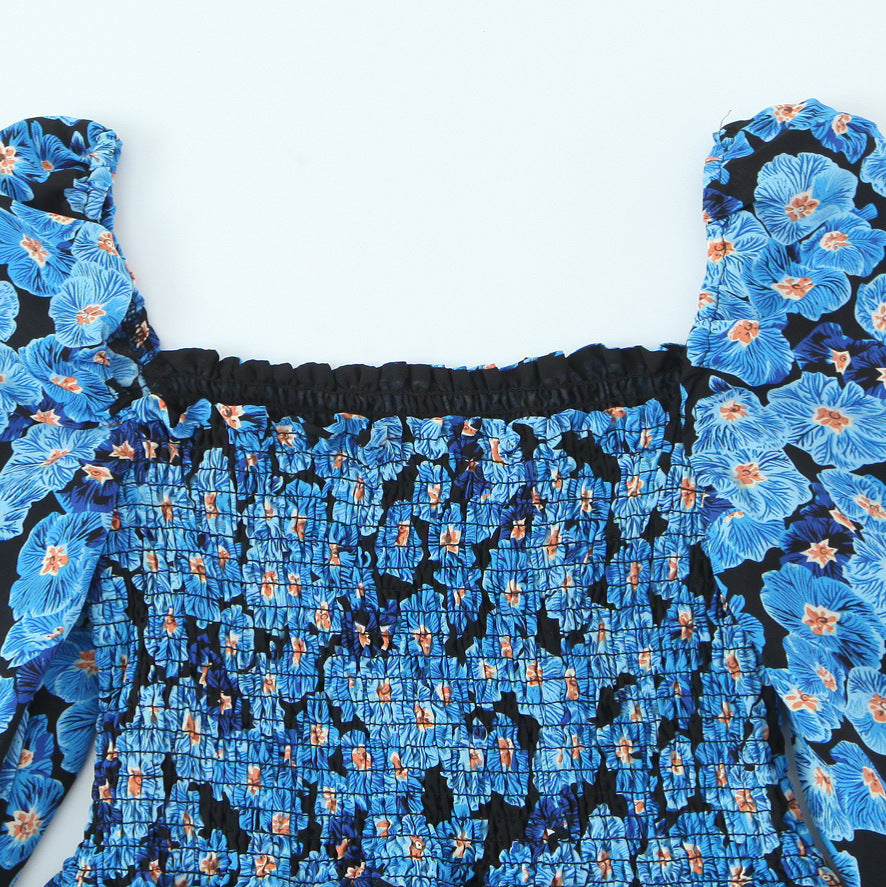 Dress Style New Women's Ink Painting Square Neck Elastic Pleated Layered Bubble Sleeve Dress