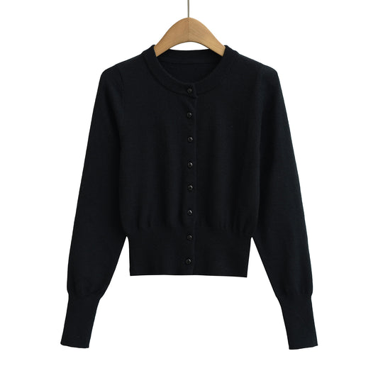 Round neck single breasted long sleeved elastic top