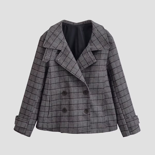 Commuter style minimalist plaid double breasted jacket