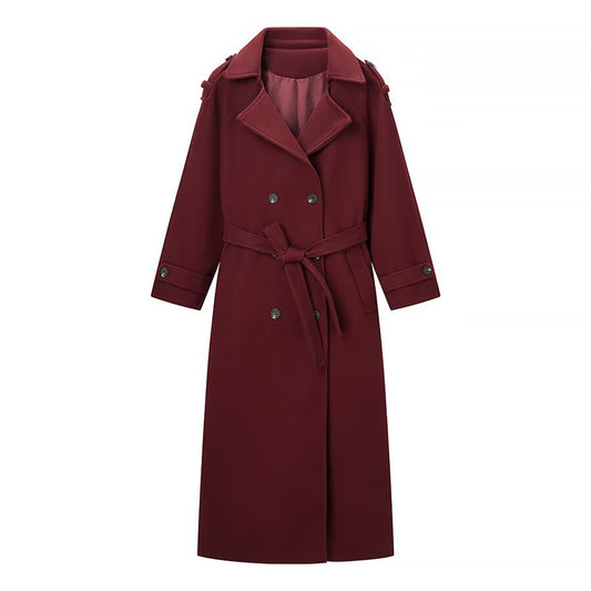 Double breasted lace up woolen coat windbreaker jacket