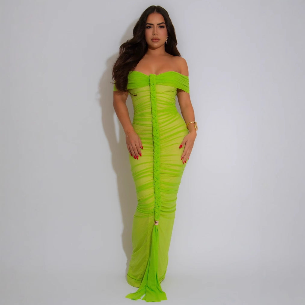 Dress Style Sheer Mesh Sleeveless Ruched Extra Long Dress