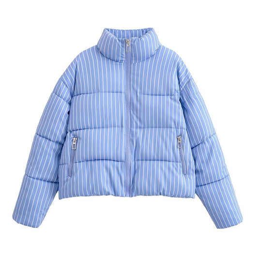 Women's Casual Fashionable Blue and White Stripe Long Sleeve Cotton Coat