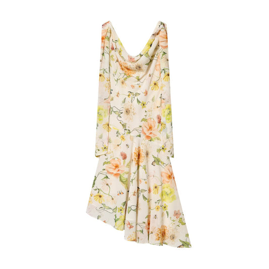 Style Asymmetric Ruffled Neckline Sleeveless A-Line Dress