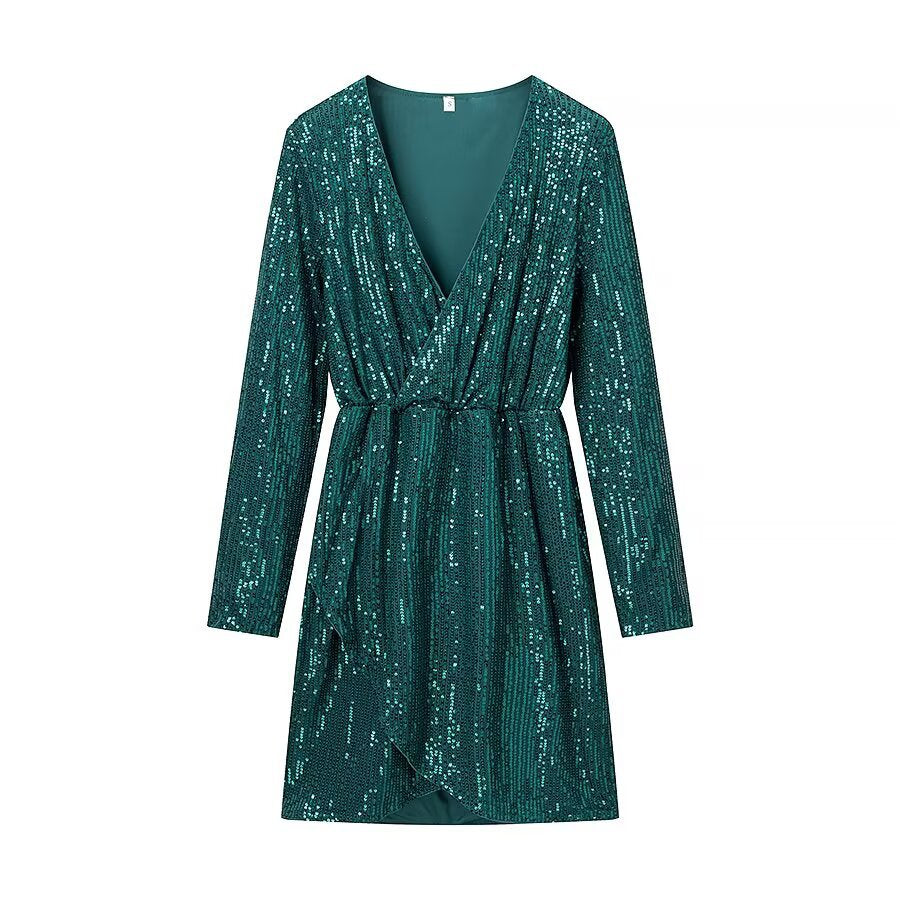 Elegant deep V-neck sequined long sleeved dress