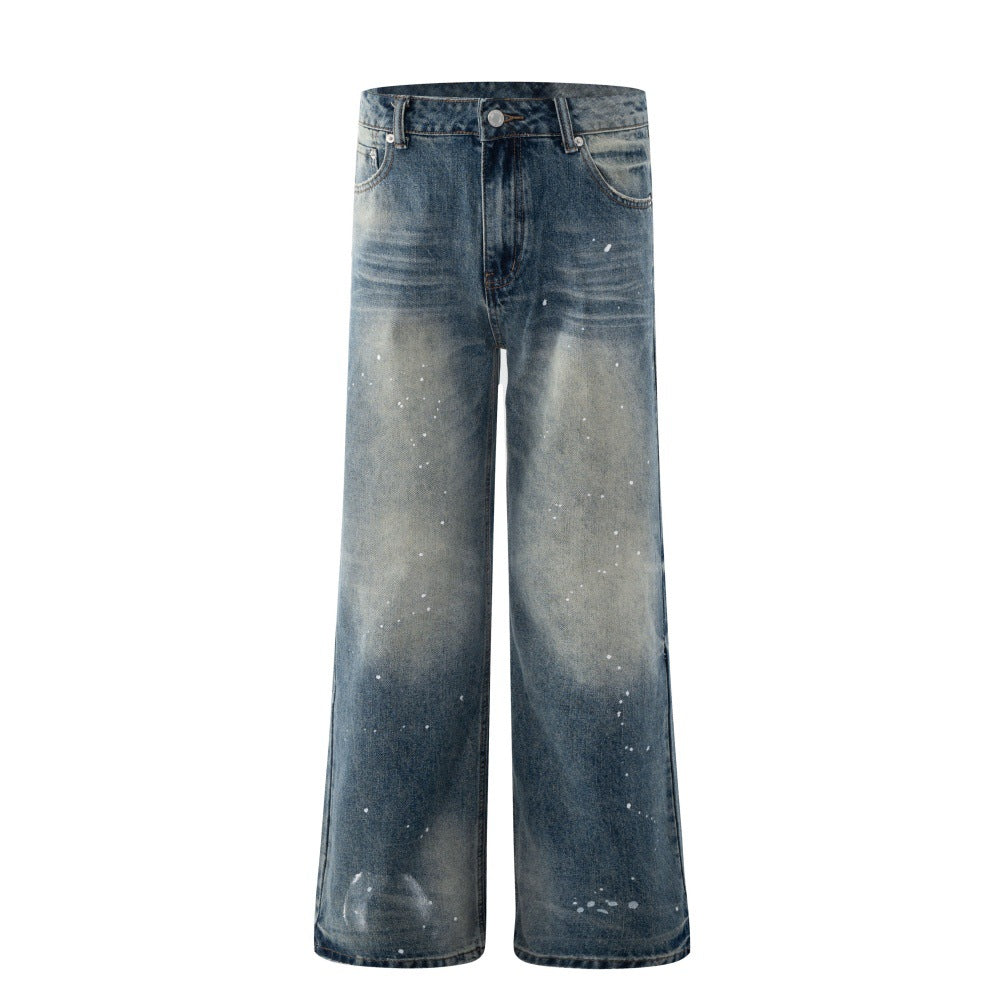 Grinding white washed denim straight leg pants