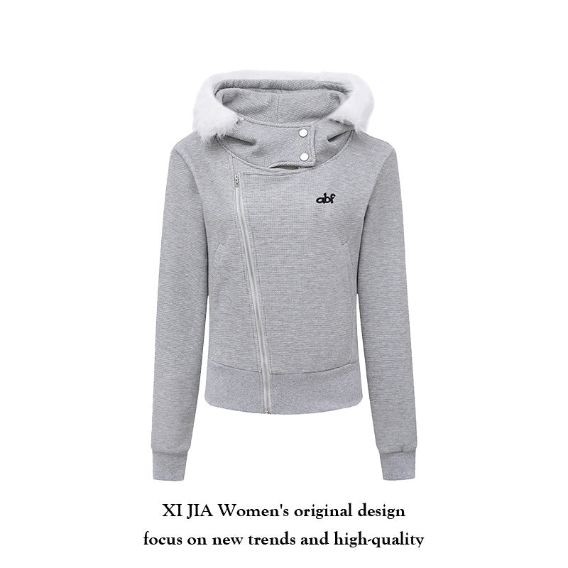 Collar Hooded Double-Zipper Coat for Women Fitted Slim Fit Short Outerwear
