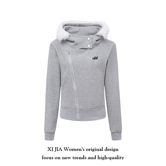 Collar Hooded Double-Zipper Coat for Women Fitted Slim Fit Short Outerwear