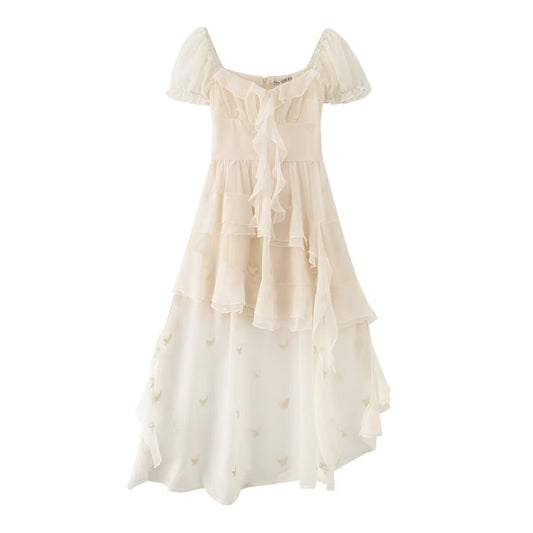Irregular short sleeved dress with ruffled edges