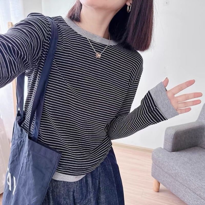 Two-Piece Round Neck Striped Long Sleeve T-Shirt for Women, Fitted Inner Layer