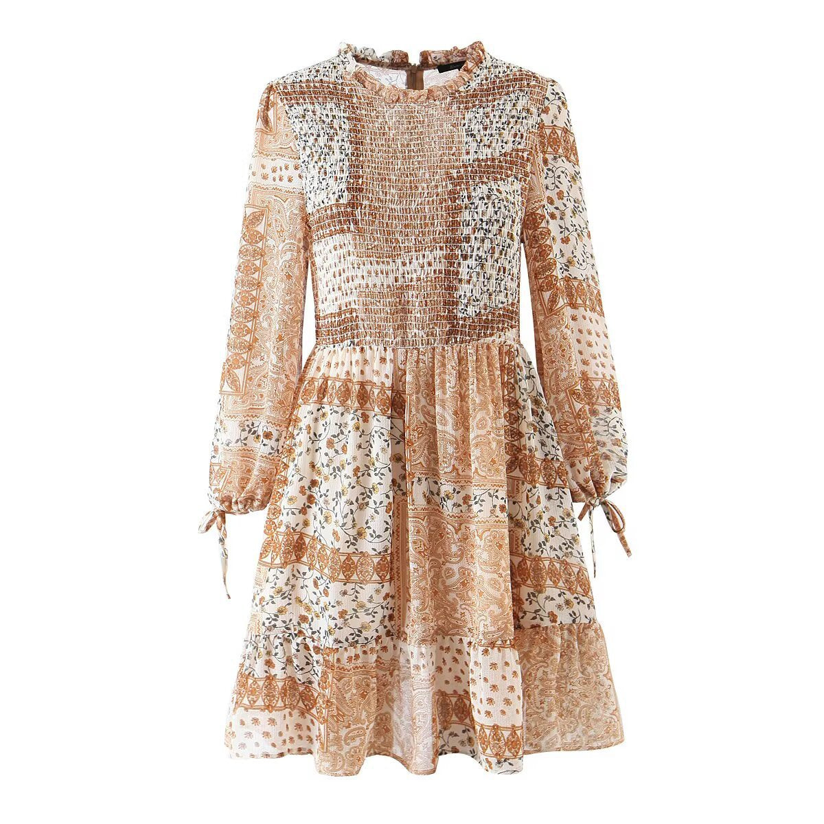 Tie cuff patchwork printed dress