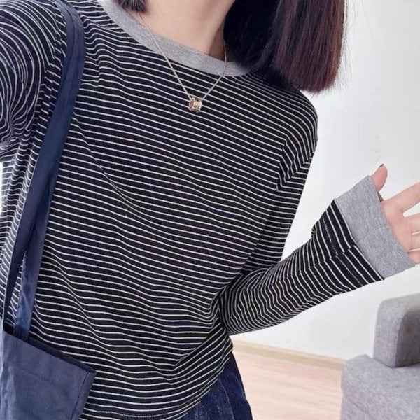 Two-Piece Round Neck Striped Long Sleeve T-Shirt for Women, Fitted Inner Layer