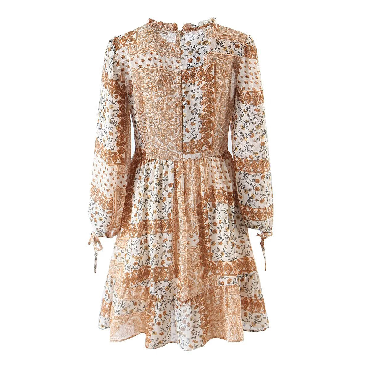 Tie cuff patchwork printed dress