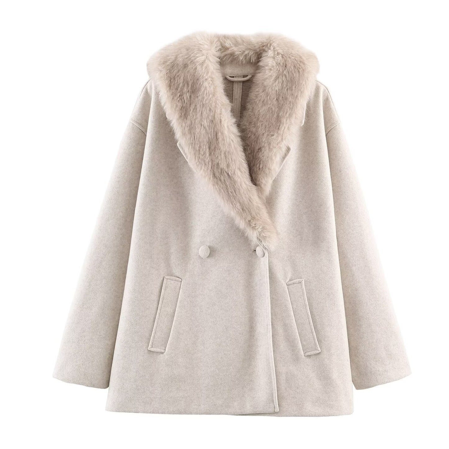 Commuter style fur collar short woolen coat