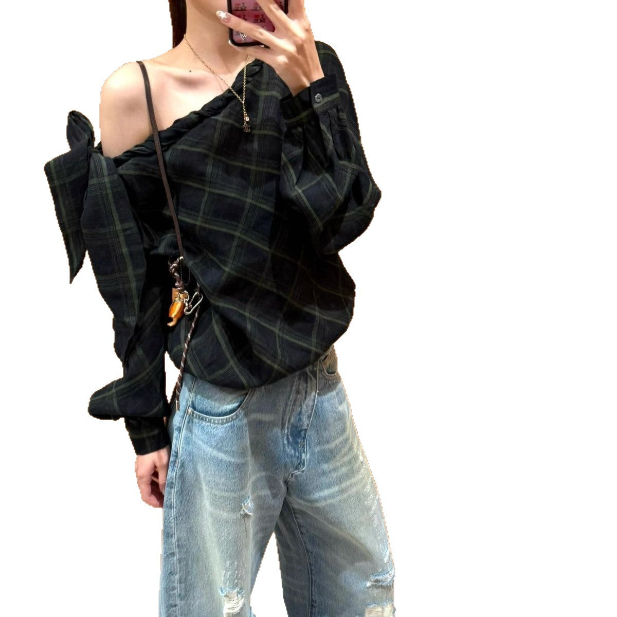 Vintage Plaid Off-Shoulder Long Sleeve Shirt for Women