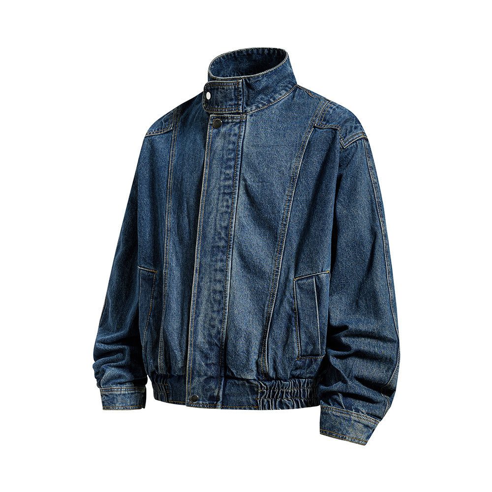 Washed denim stand up collar jacket