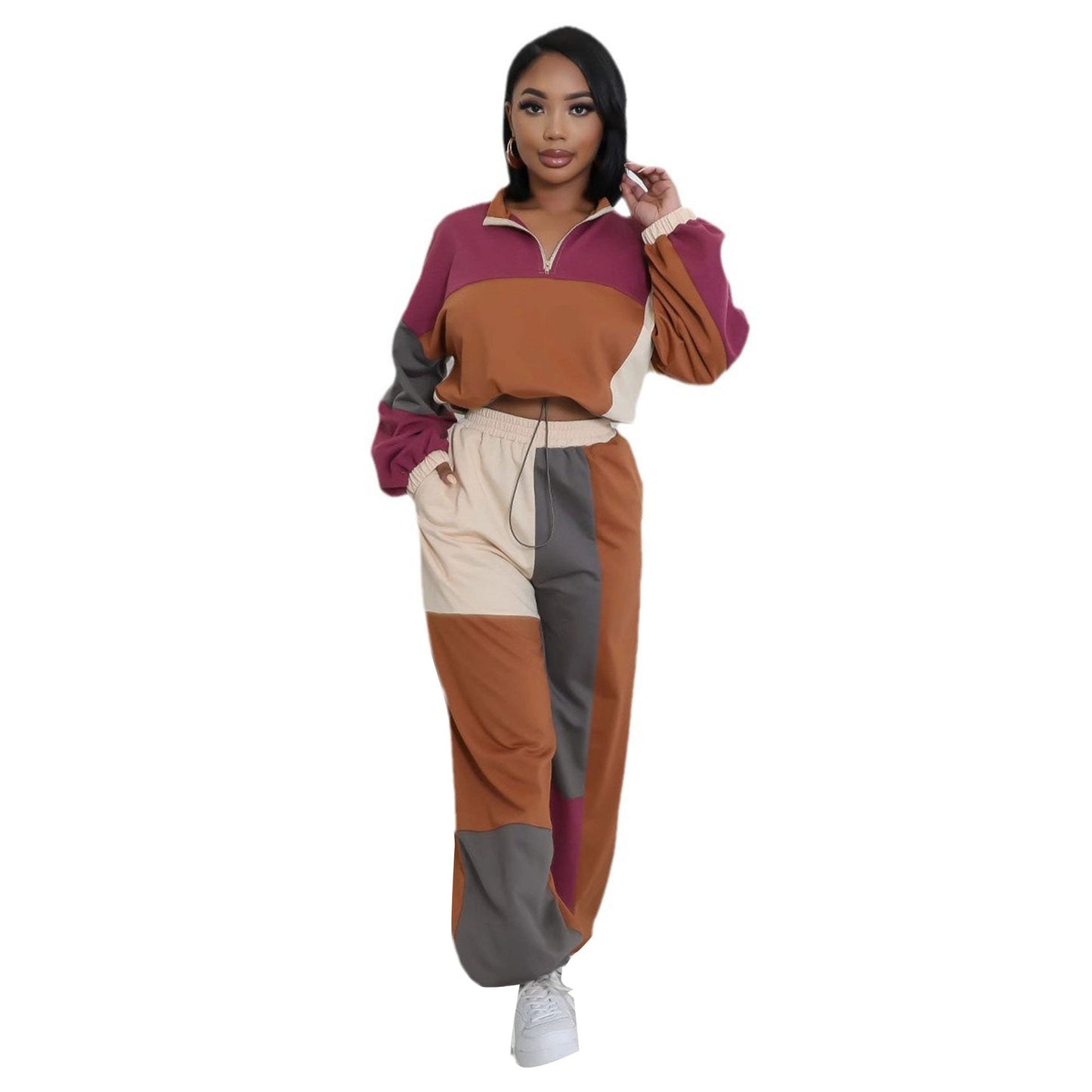 Sporty Woven Two-Piece Set with Zipper and Drawstring Design, Color-Blocked Printed Outfit