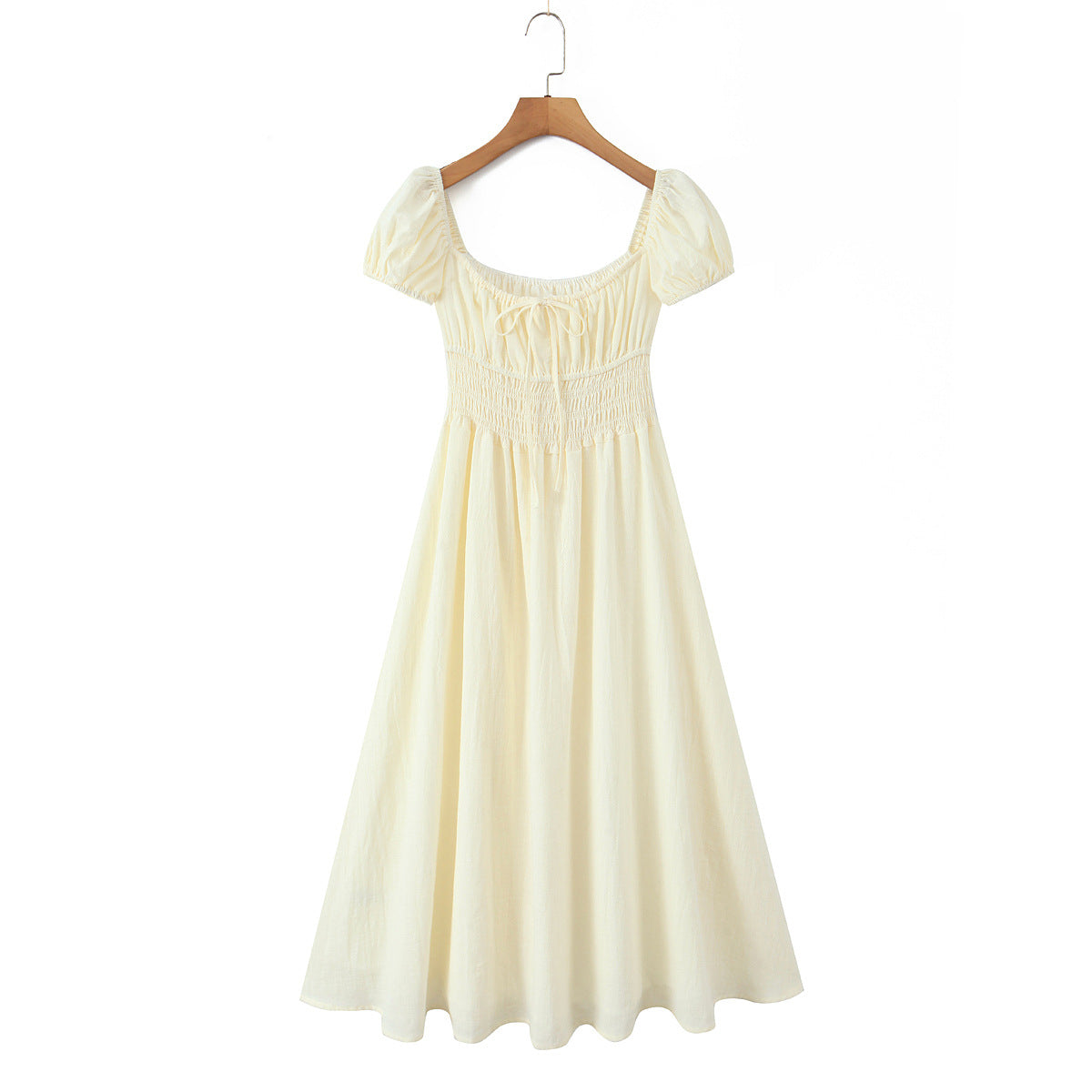 U-neck lace up bubble sleeve waist cinching dress long skirt