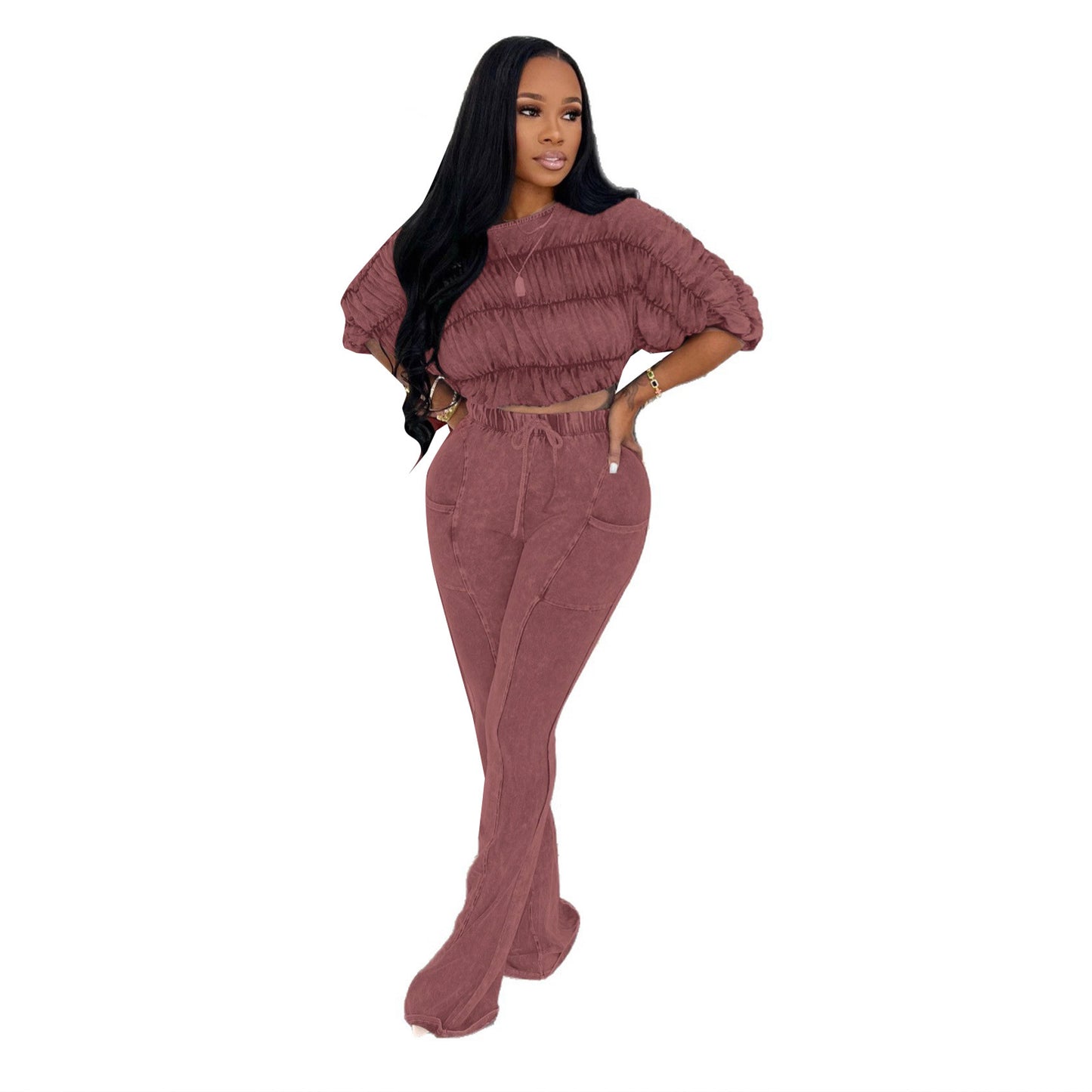 Sexy Two-Piece Set with Crop Top and Slim Fit Flared Long Pants