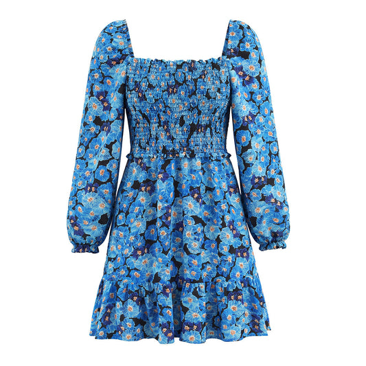 Dress Style New Women's Ink Painting Square Neck Elastic Pleated Layered Bubble Sleeve Dress