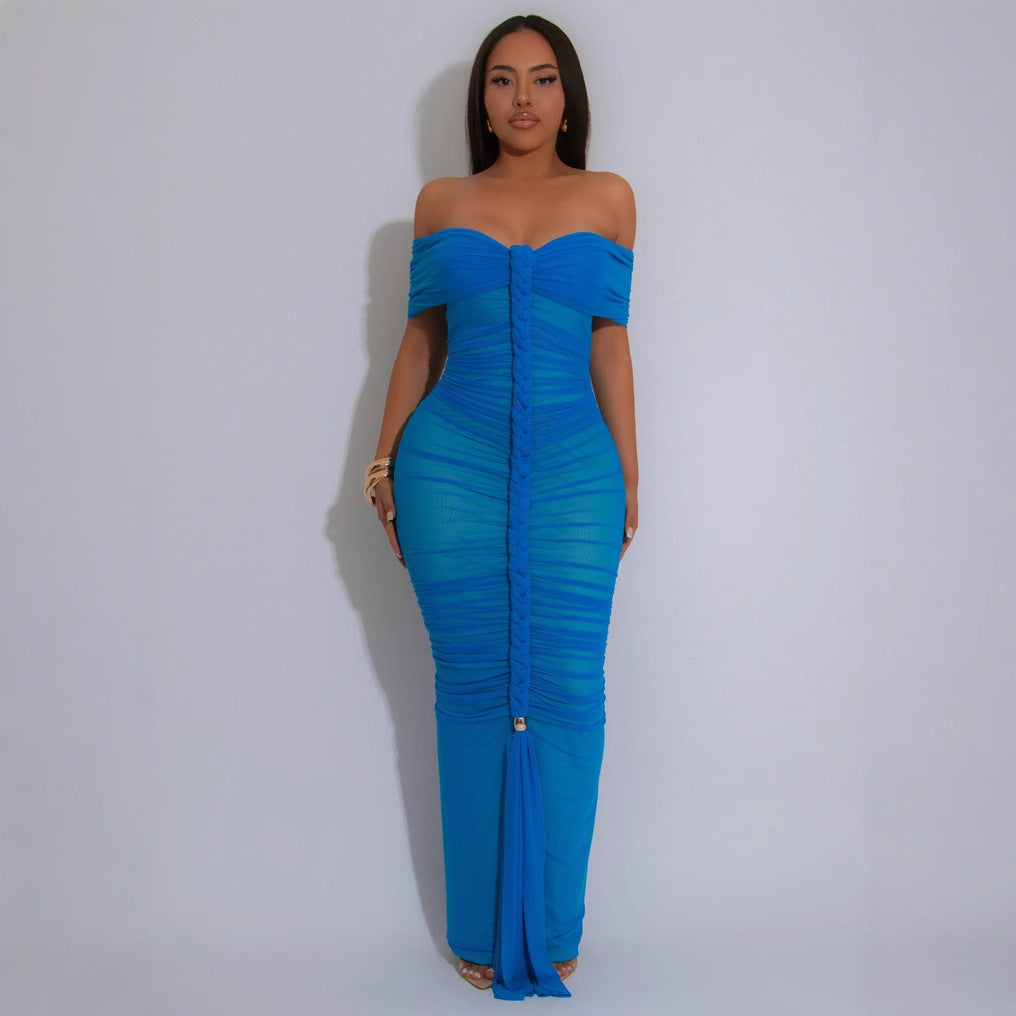 Dress Style Sheer Mesh Sleeveless Ruched Extra Long Dress
