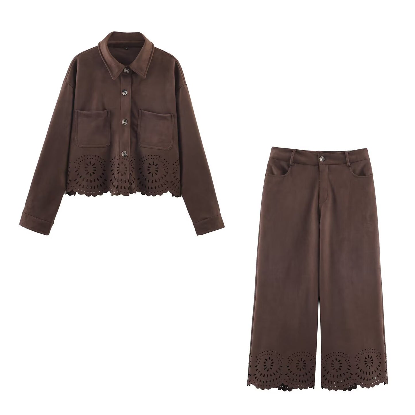 Style Hollow Hem Velvet Texture Effect Coat with Wide Leg Pants Women's Outerwear
