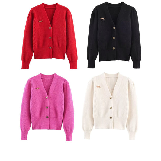 Elegant configuration brooch knit sweater jacket