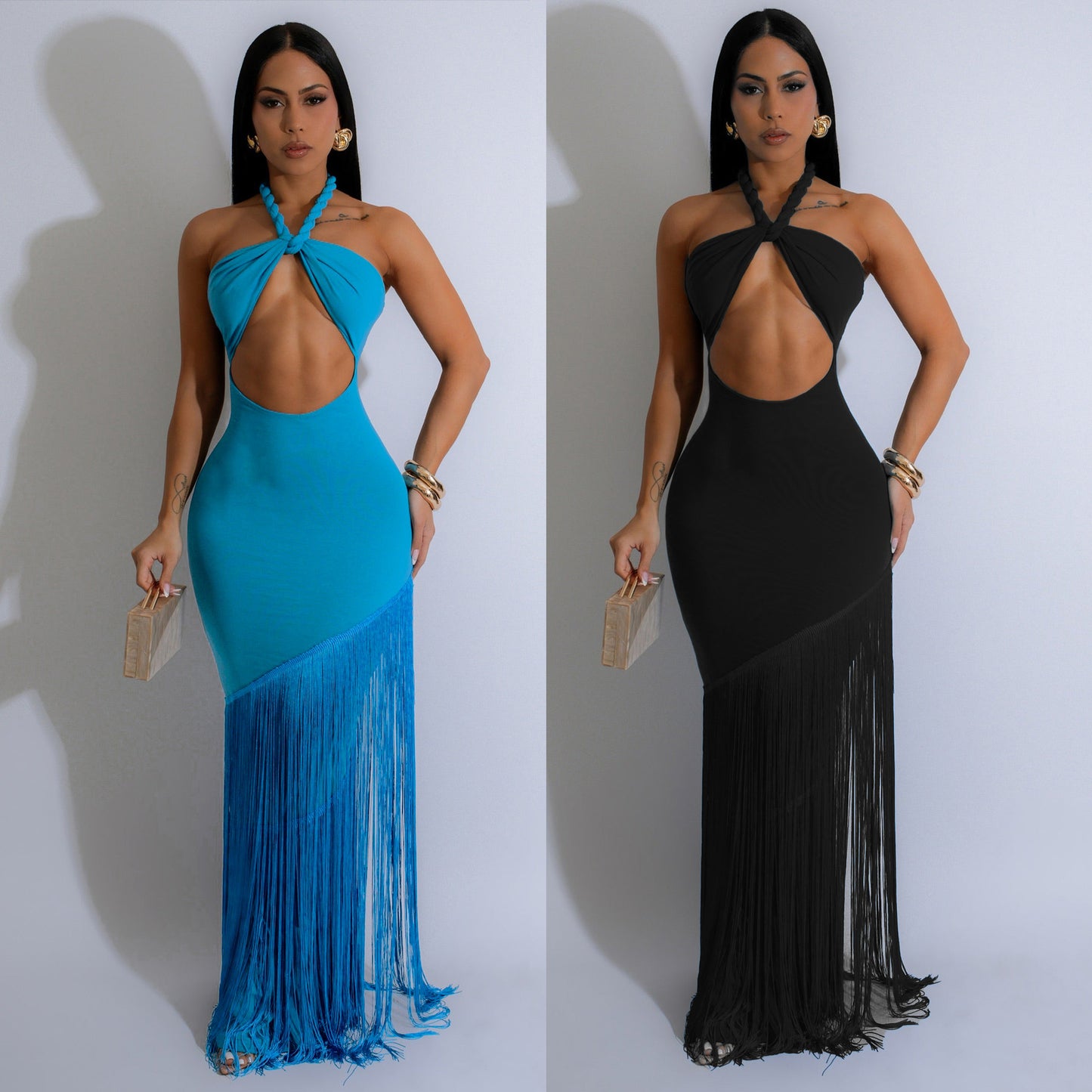 Dress Women's Hollow-Out Design Sleeveless Halter Bodycon Fringe Long Dress