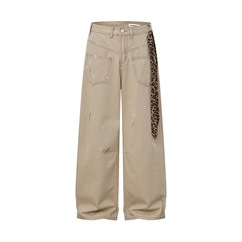 Leopard Print Tie-Up Deconstructed Wide-Leg Pants Loose Cargo Straight Leg