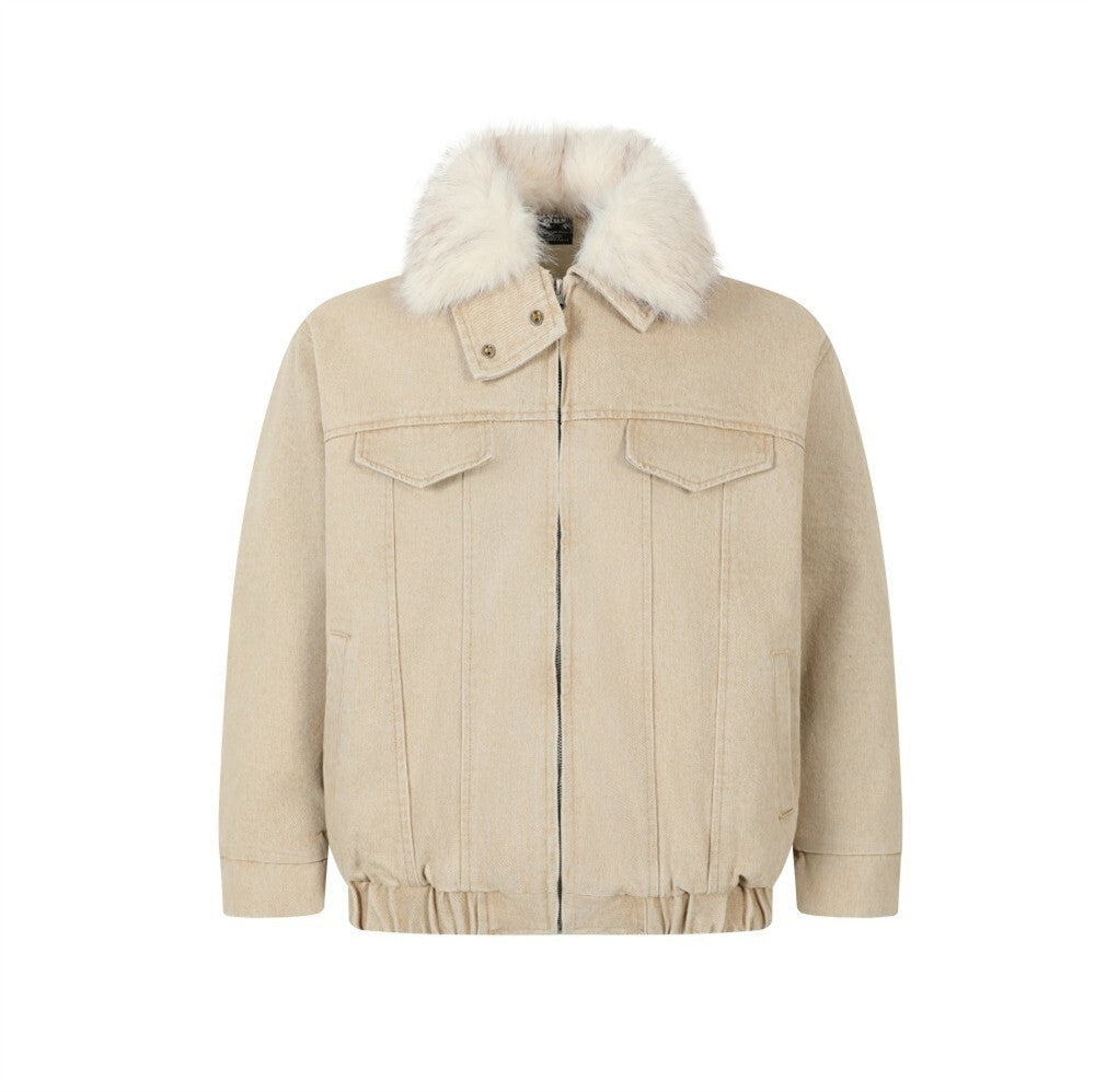 Detachable fur collar denim jacket