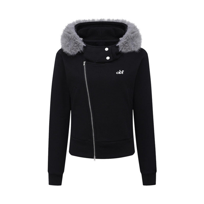 Collar Hooded Double-Zipper Coat for Women Fitted Slim Fit Short Outerwear