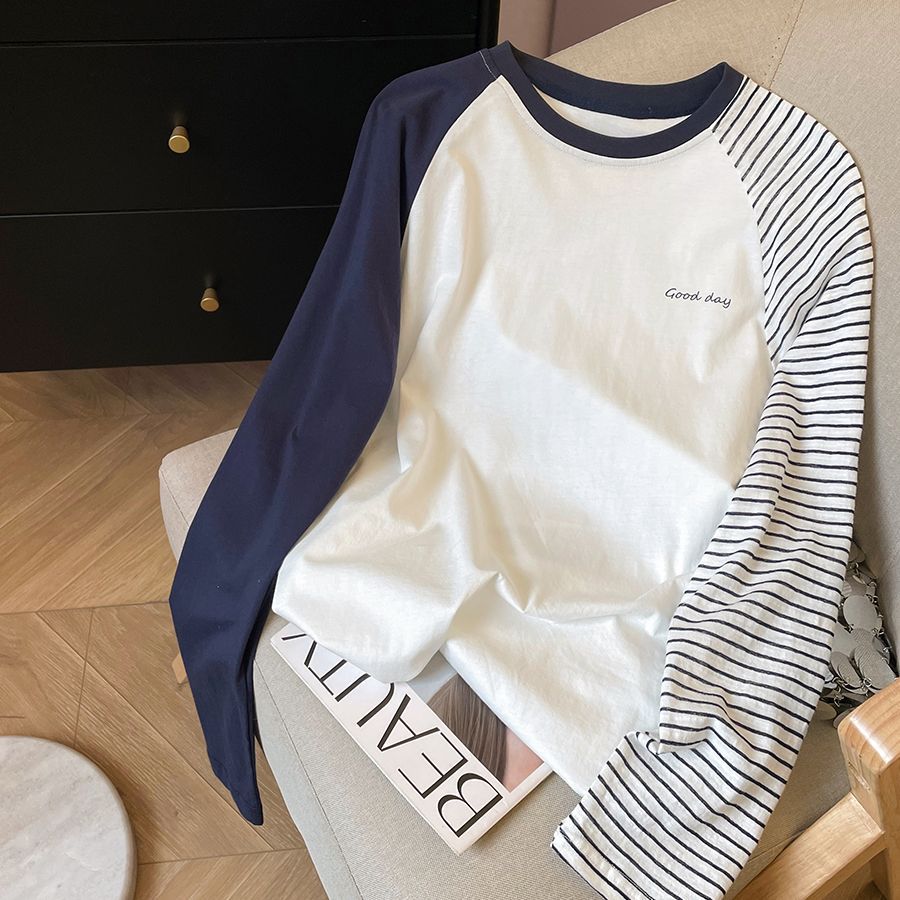 Blue and White Color-block Striped Long Sleeve T-shirt Women