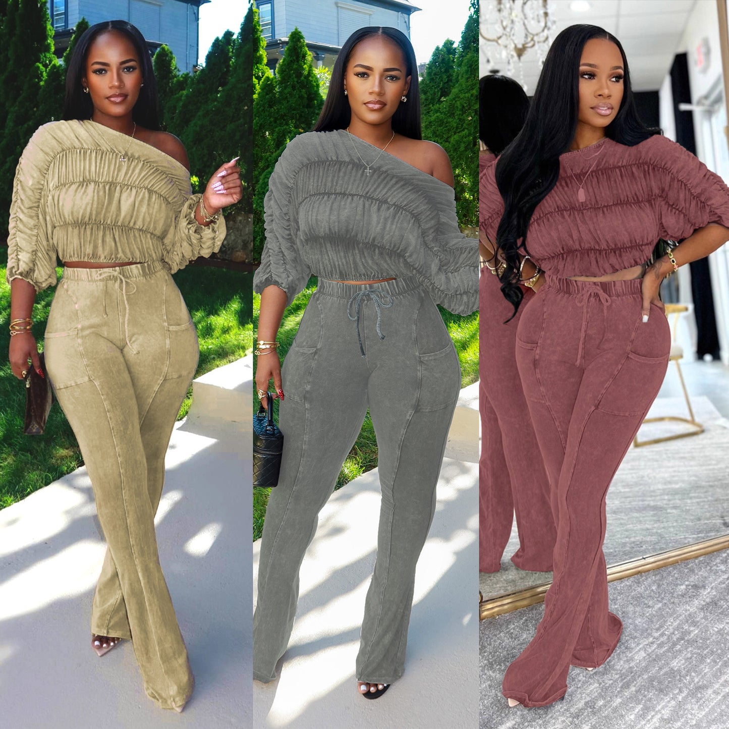 Sexy Two-Piece Set with Crop Top and Slim Fit Flared Long Pants