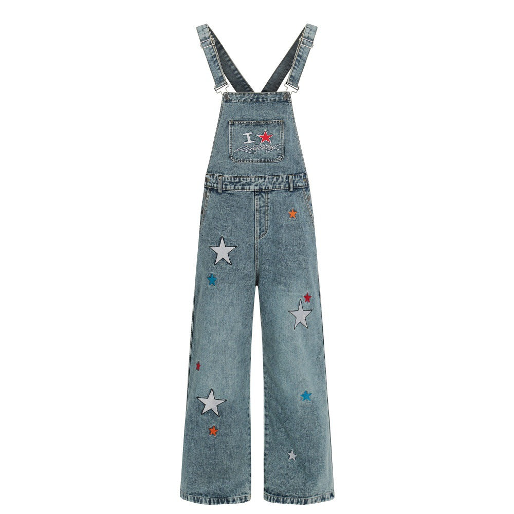 Five pointed star embroidered suspender pants