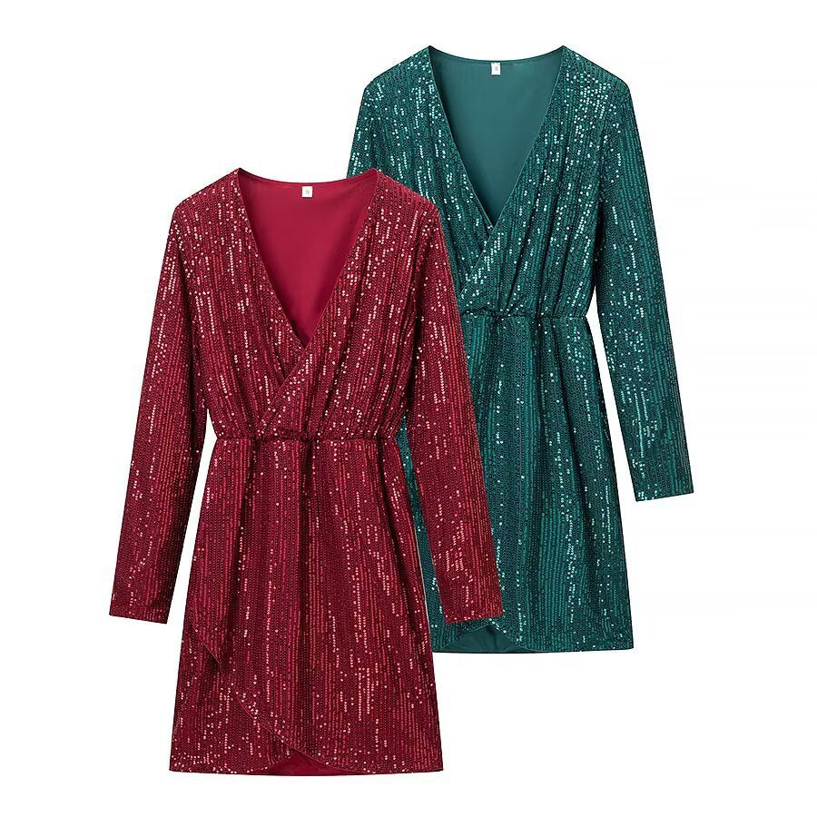 Elegant deep V-neck sequined long sleeved dress