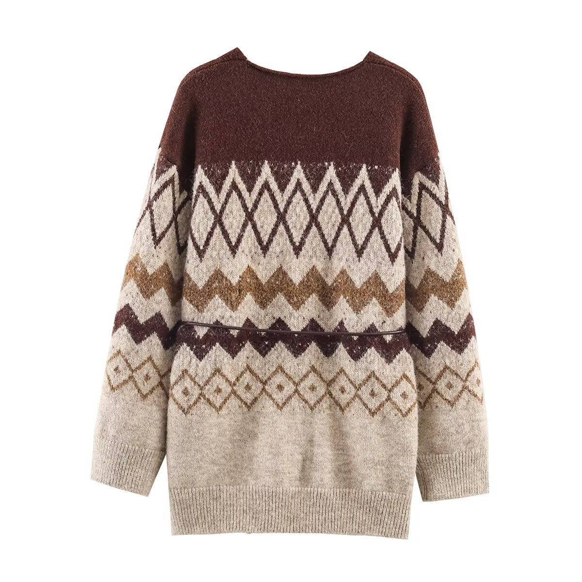 Vintage style V-neck jacquard knit jacket with waistband