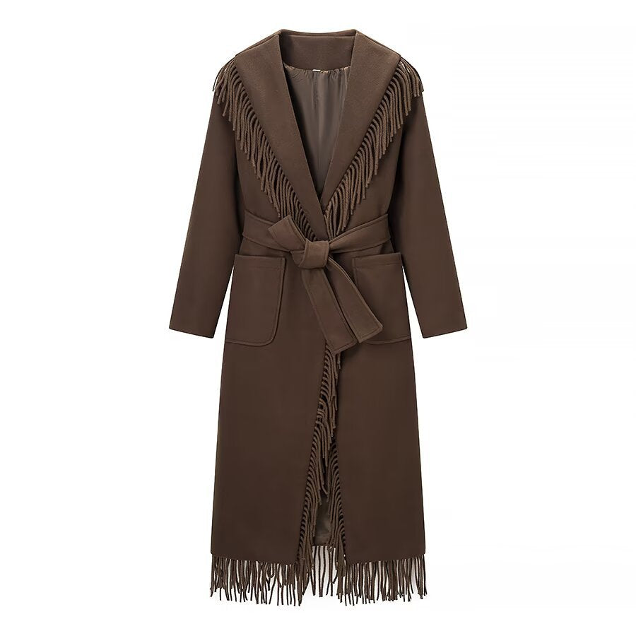 Vintage commuting style elegant tassel woolen coat jacket