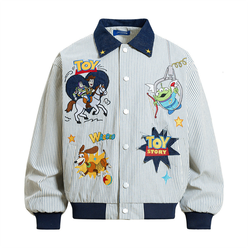 Cartoon embroidery vertical stripe contrasting lapel jacket