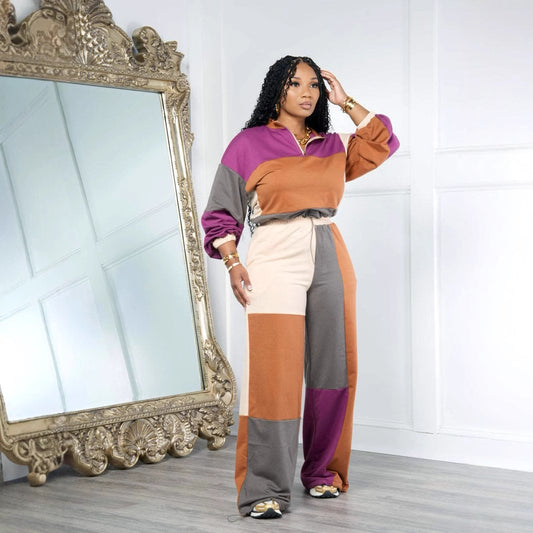 Sporty Woven Two-Piece Set with Zipper and Drawstring Design, Color-Blocked Printed Outfit