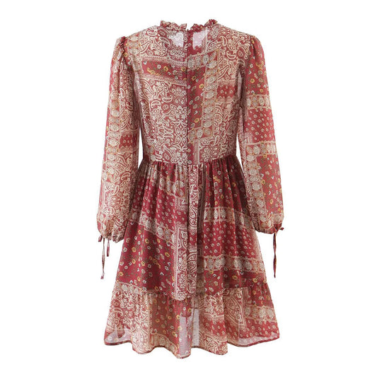 Tie cuff patchwork printed dress